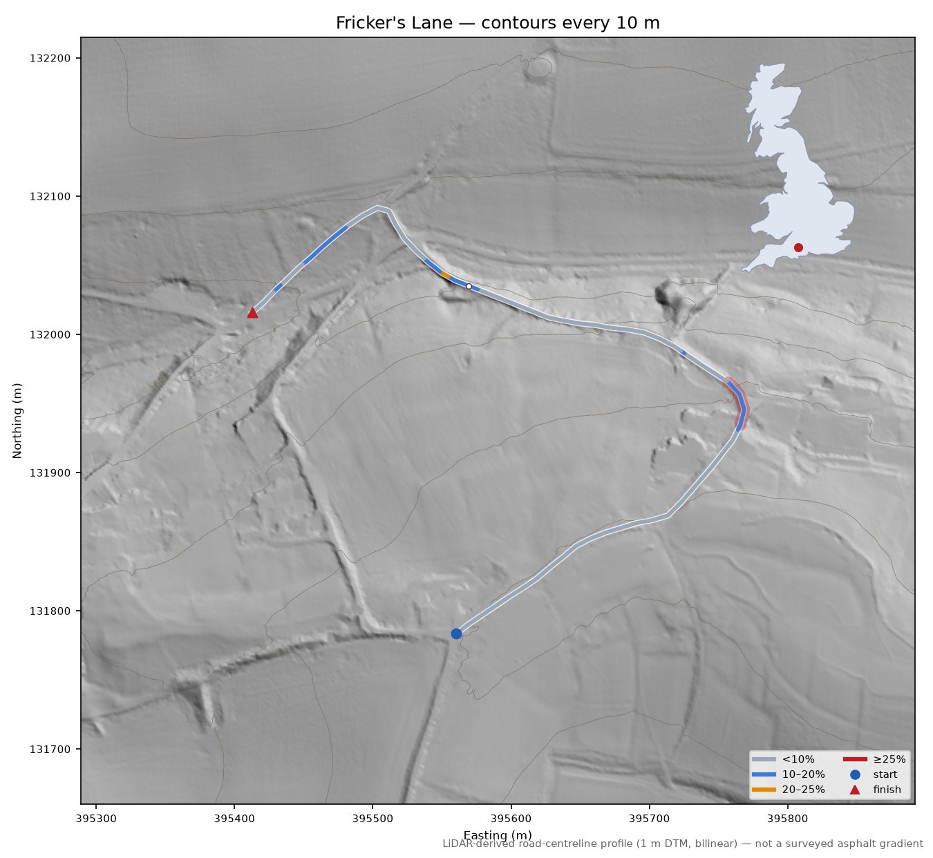 Fricker's Lane LiDAR hillshade map with contours