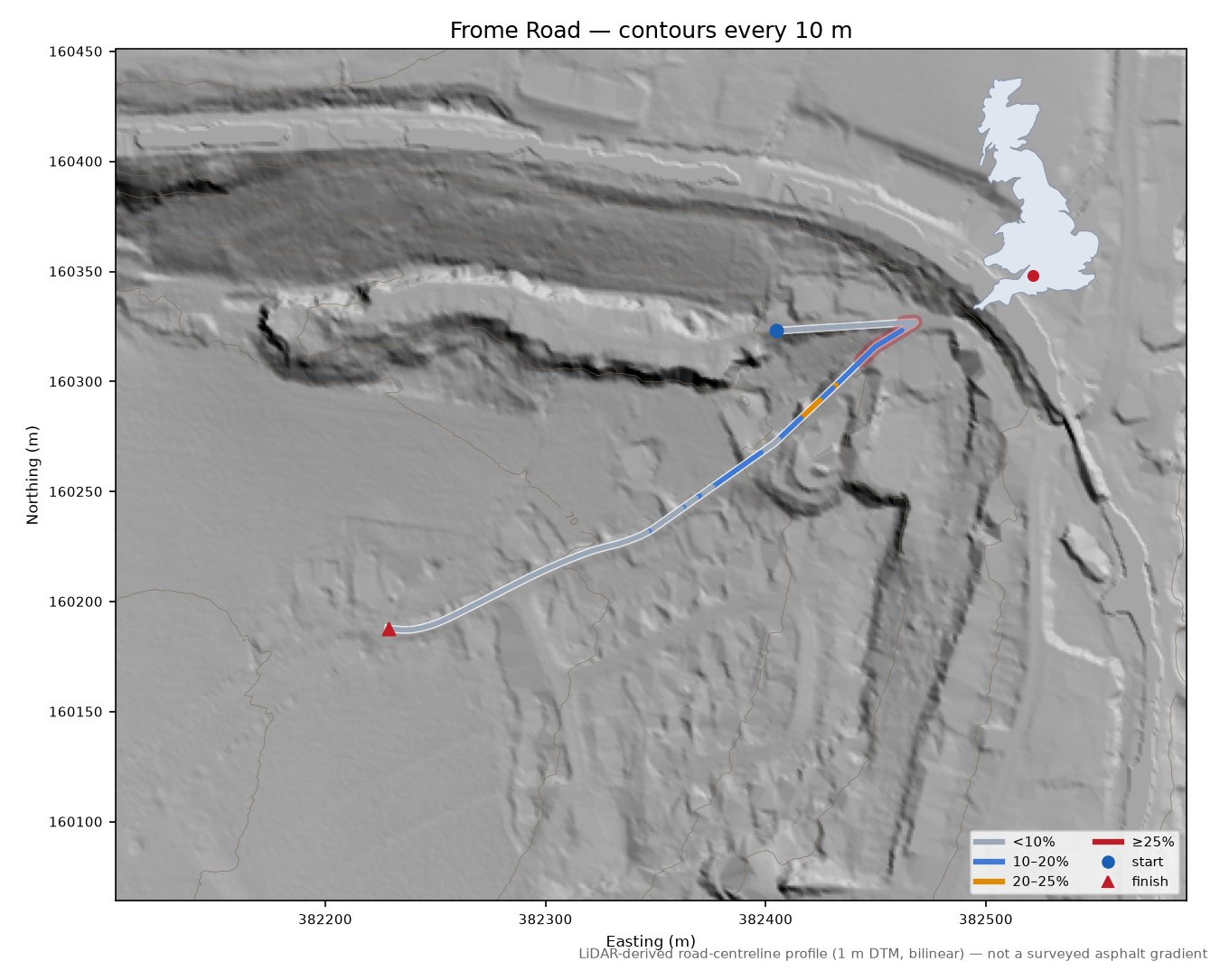 Frome Road LiDAR hillshade map with contours