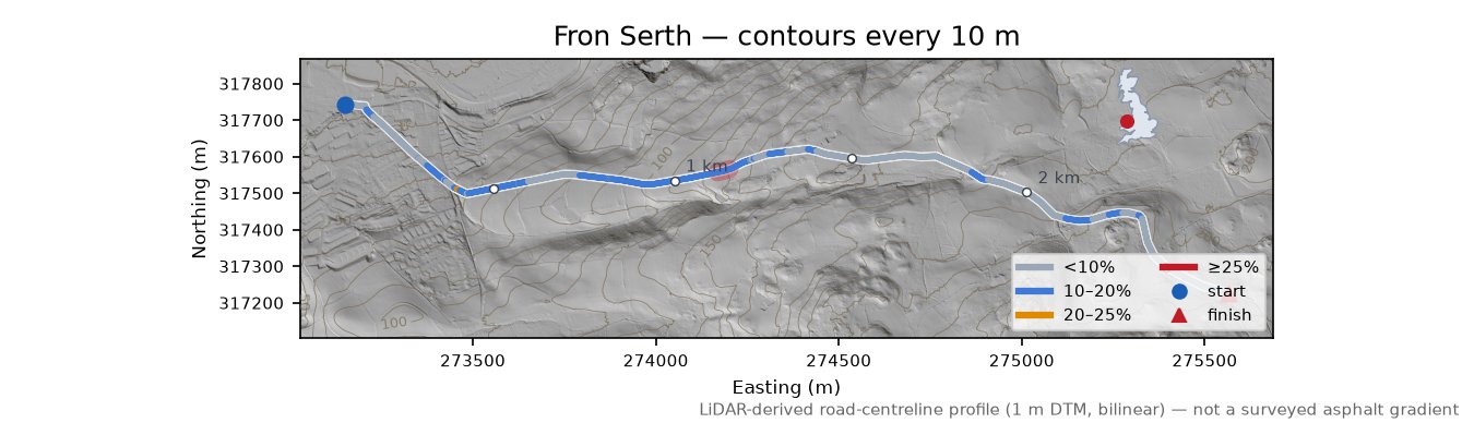 Fron Serth LiDAR hillshade map with contours