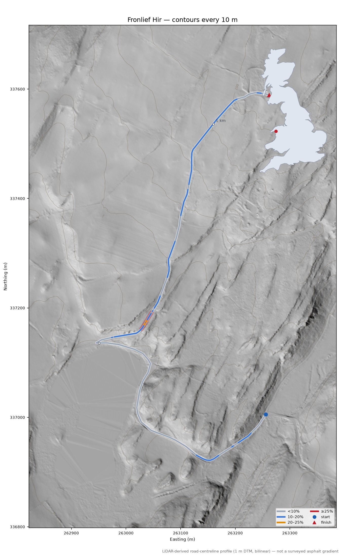 Fronlief Hir LiDAR hillshade map with contours