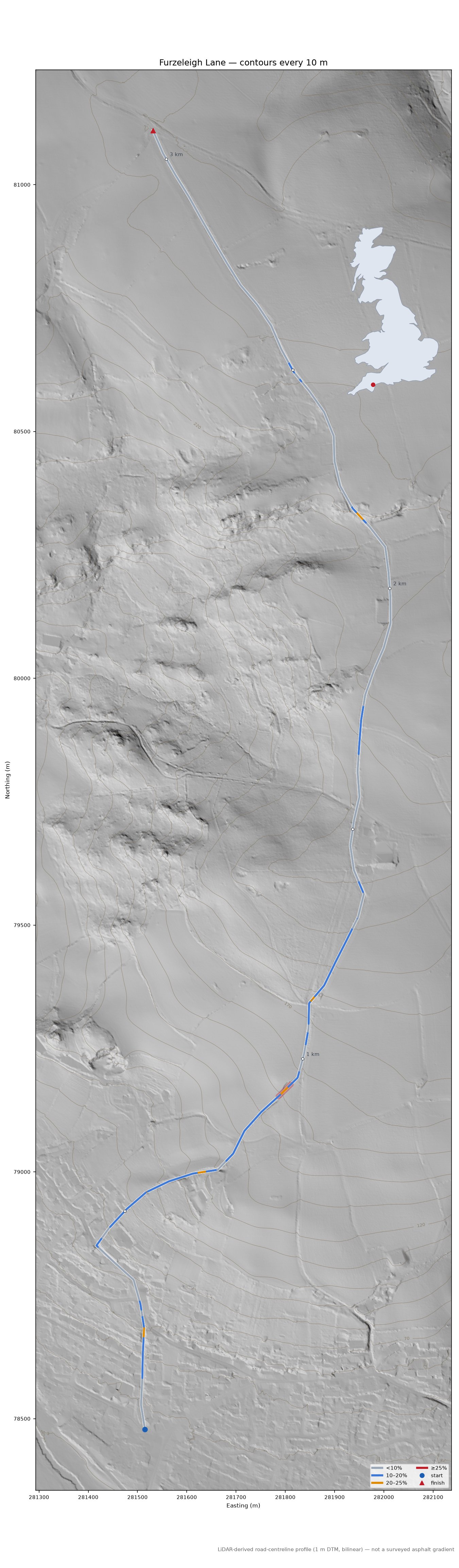 Furzeleigh Lane LiDAR hillshade map with contours
