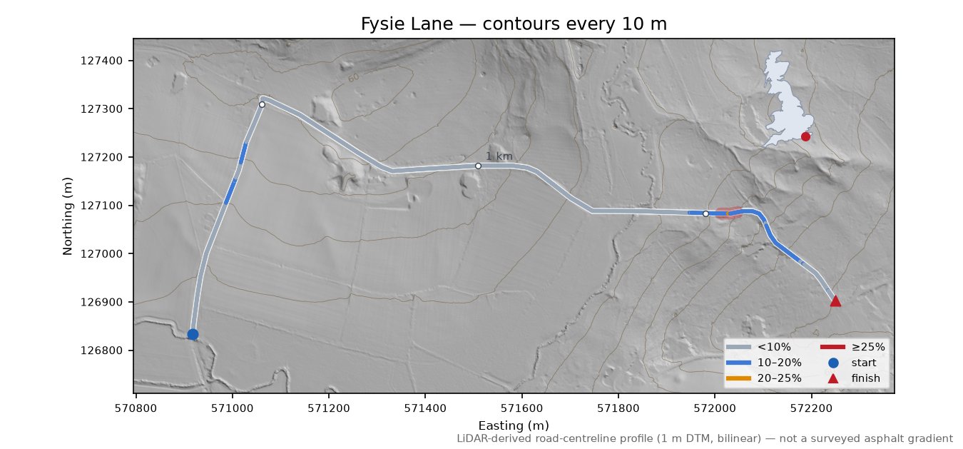 Fysie Lane LiDAR hillshade map with contours
