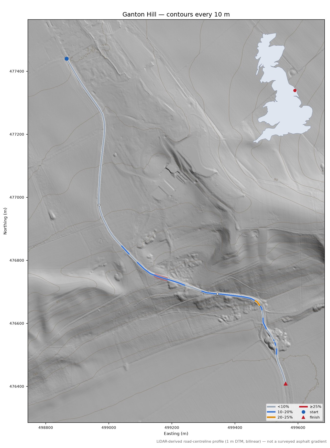 Ganton Hill LiDAR hillshade map with contours