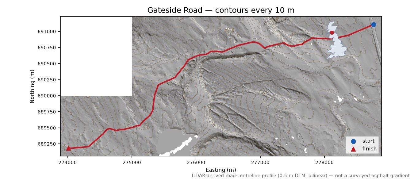Gateside Road LiDAR hillshade map with contours