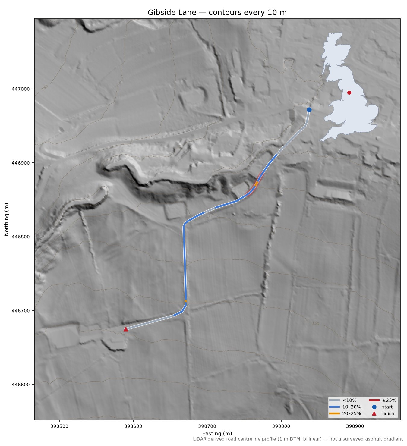 Gibside Lane LiDAR hillshade map with contours