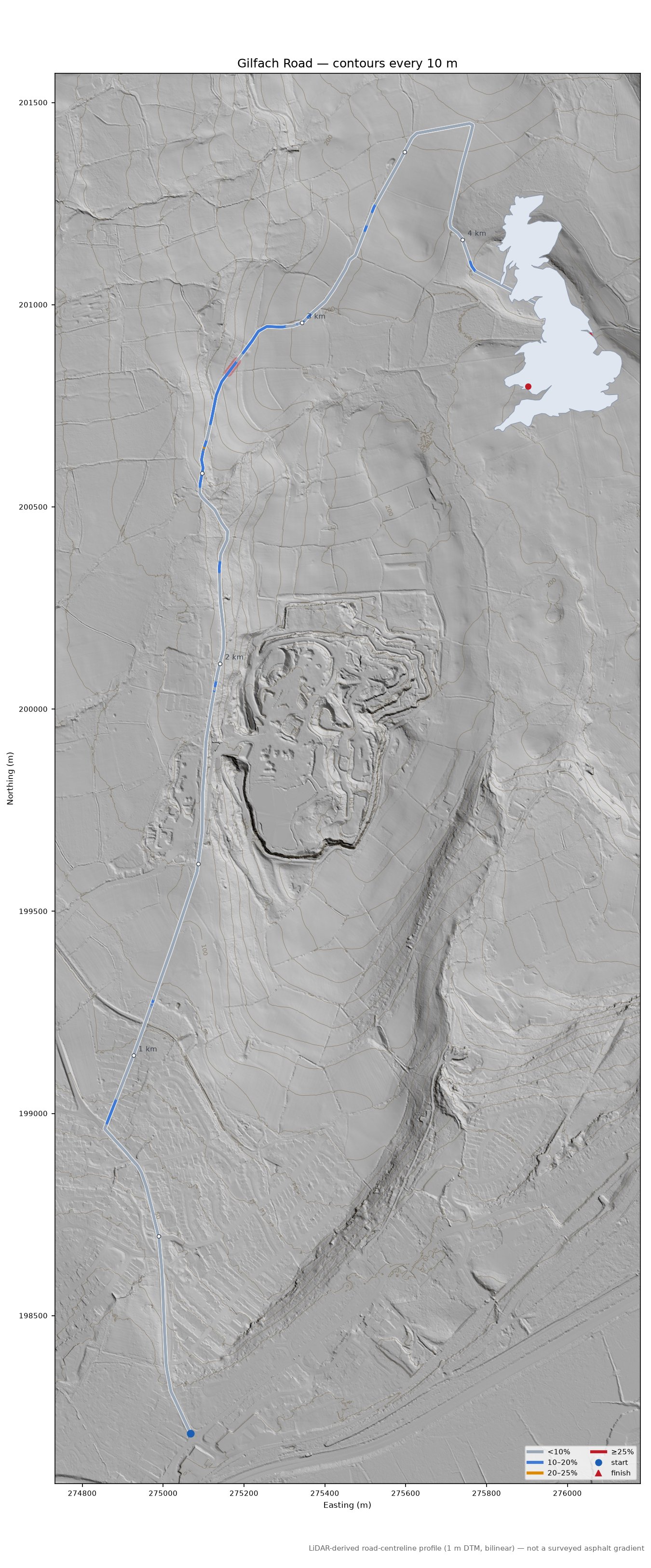 Gilfach Road LiDAR hillshade map with contours