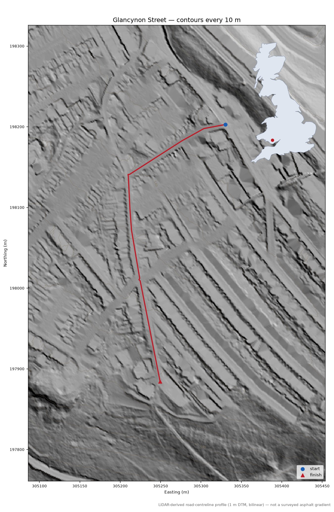 Glancynon Street LiDAR hillshade map with contours