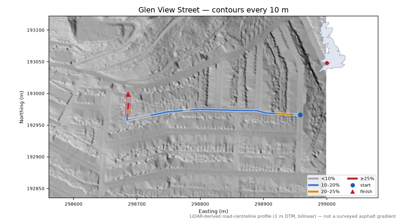 Glen View Street LiDAR hillshade map with contours