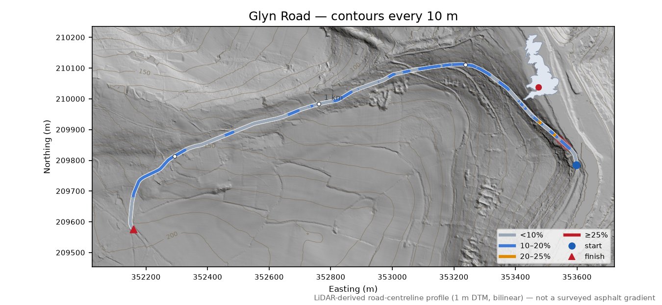 Glyn Road LiDAR hillshade map with contours