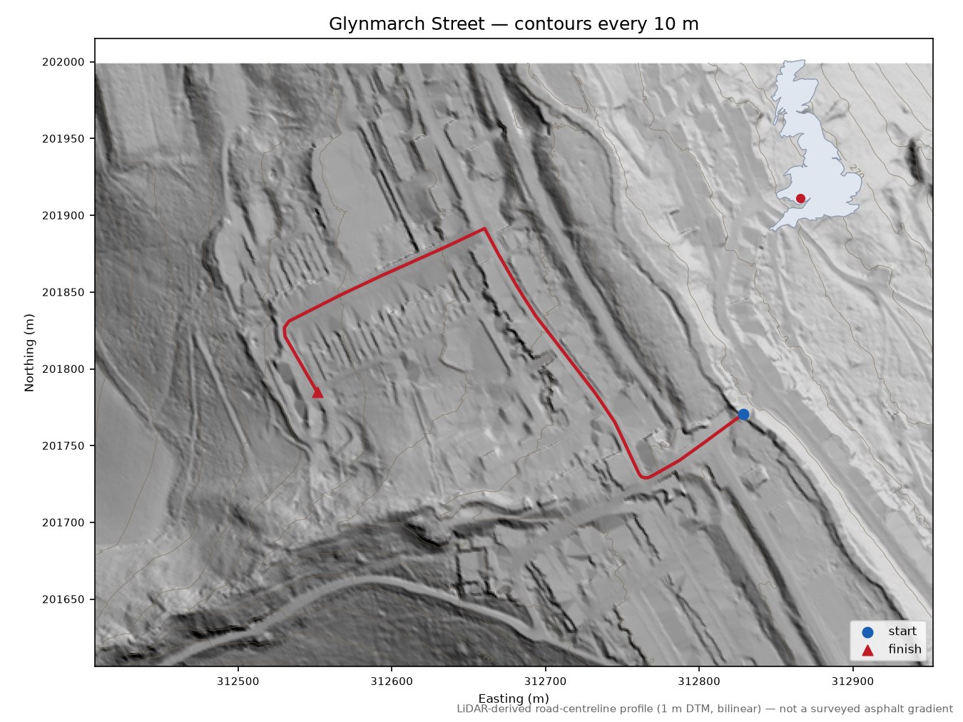 Glynmarch Street LiDAR hillshade map with contours