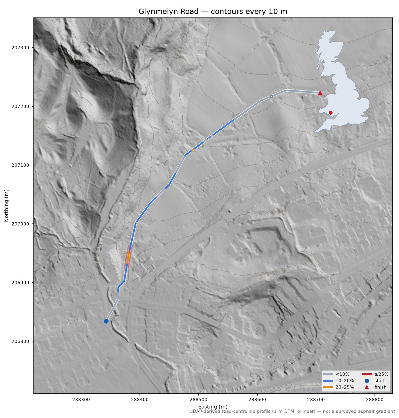 Glynmelyn Road LiDAR hillshade map with contours