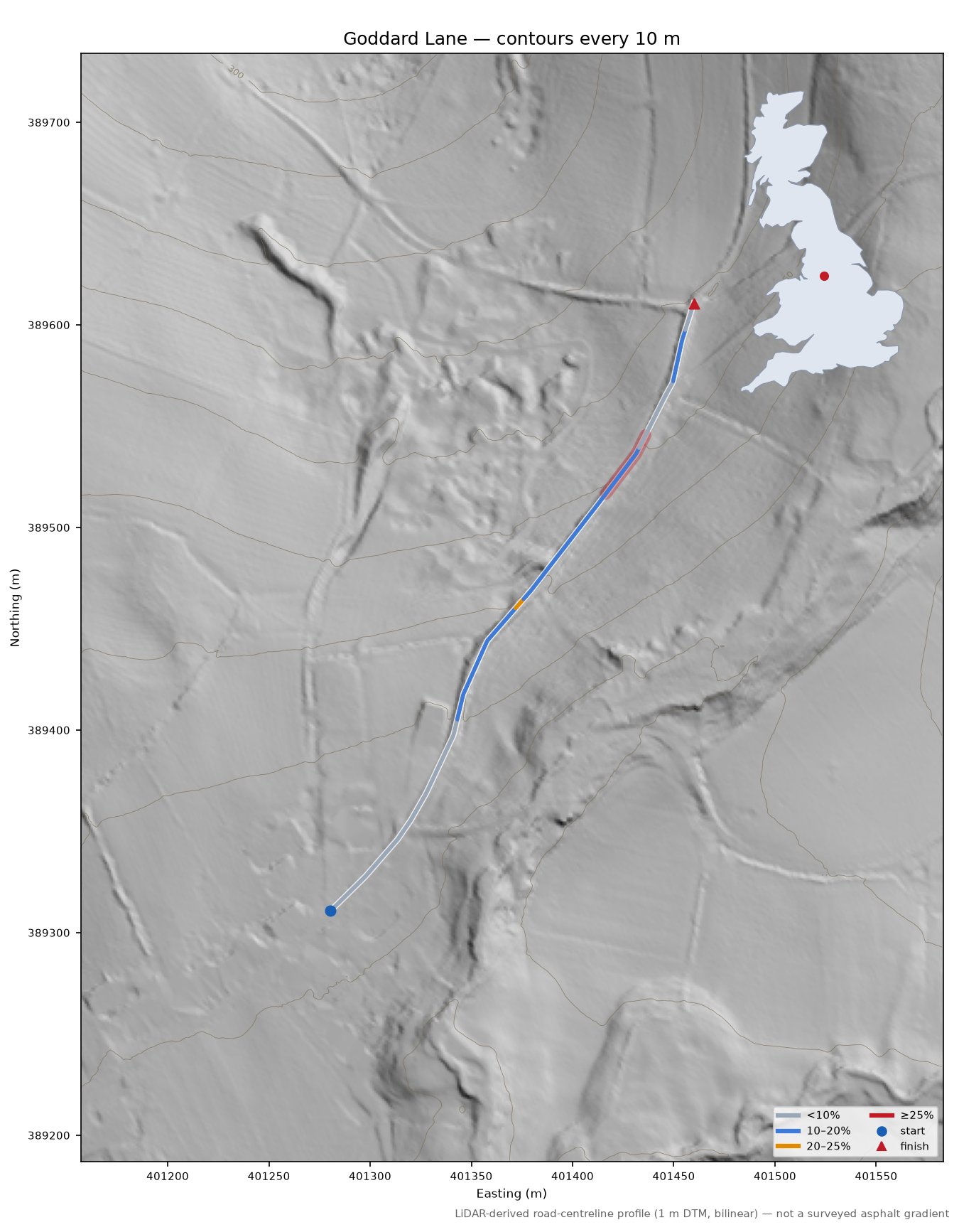 Goddard Lane LiDAR hillshade map with contours