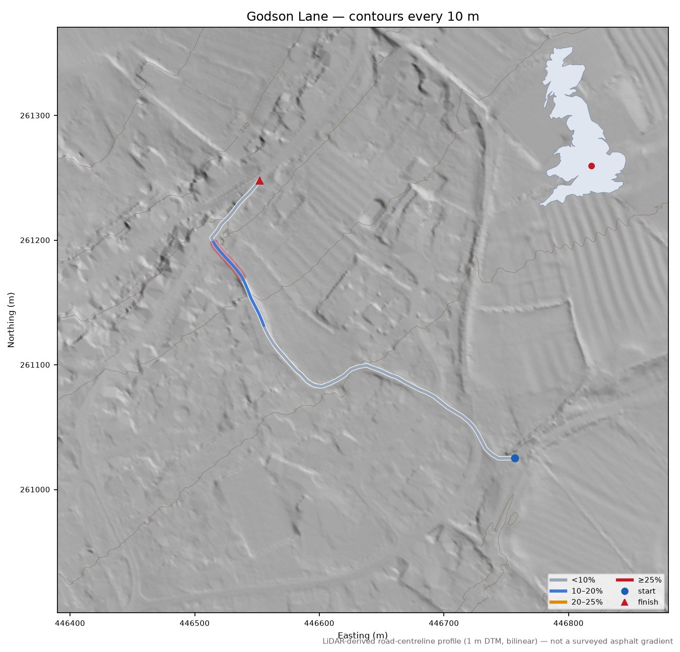 Godson Lane LiDAR hillshade map with contours