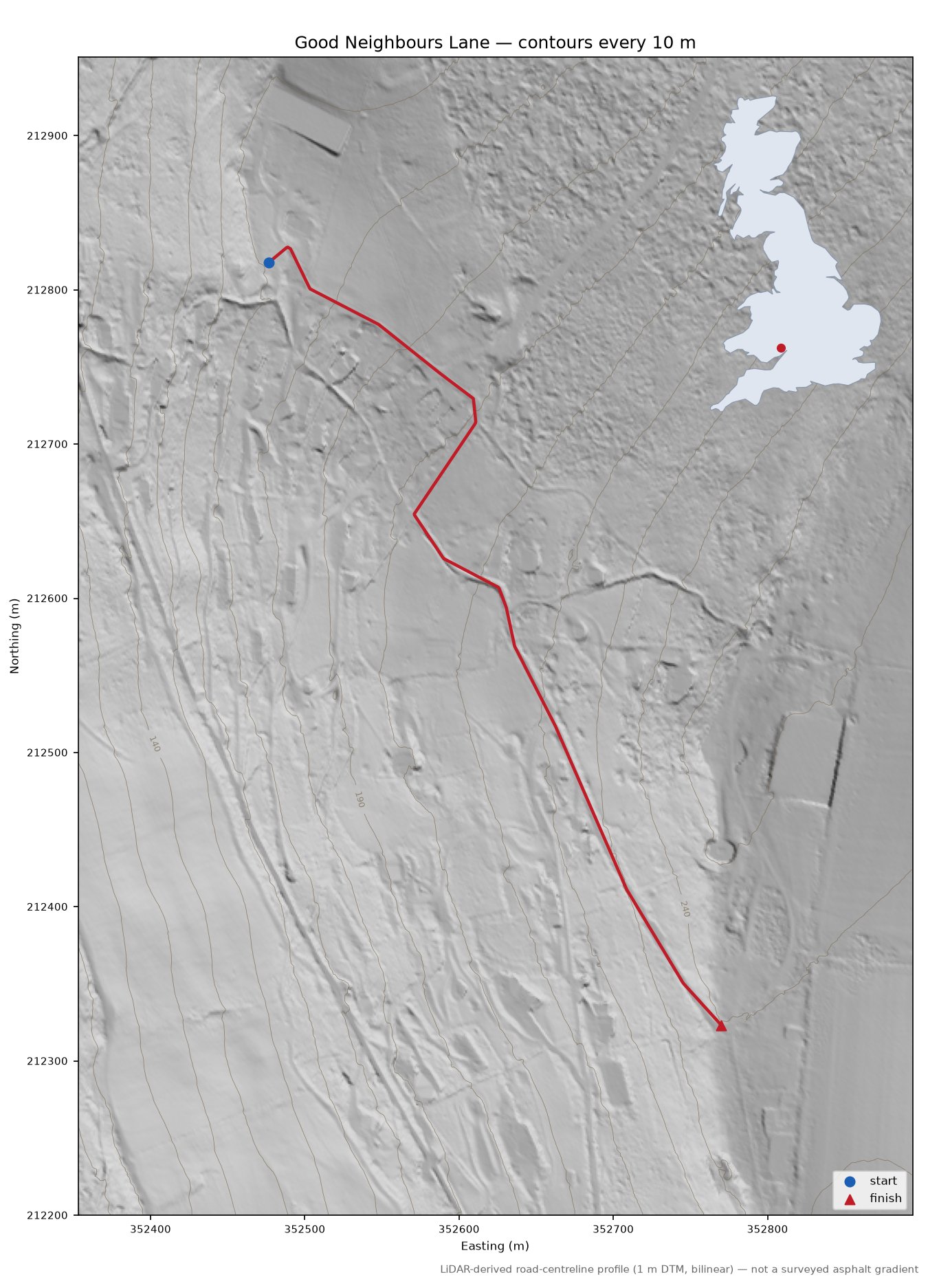 Good Neighbours Lane LiDAR hillshade map with contours
