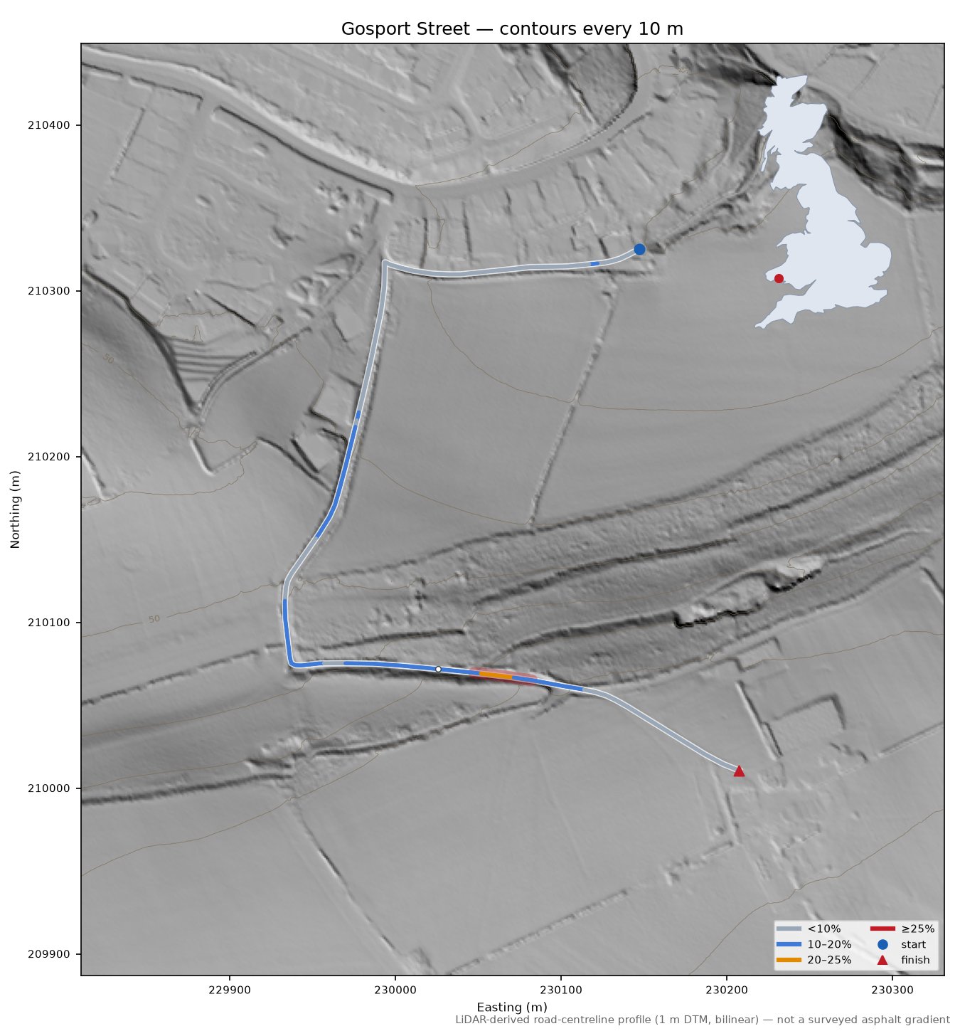 Gosport Street LiDAR hillshade map with contours
