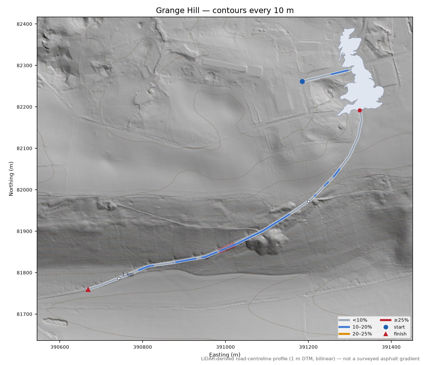 Grange Hill LiDAR hillshade map with contours