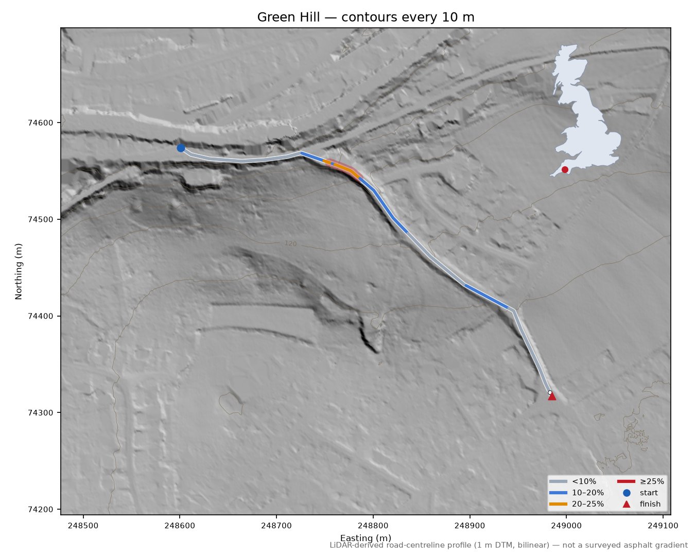 Green Hill LiDAR hillshade map with contours