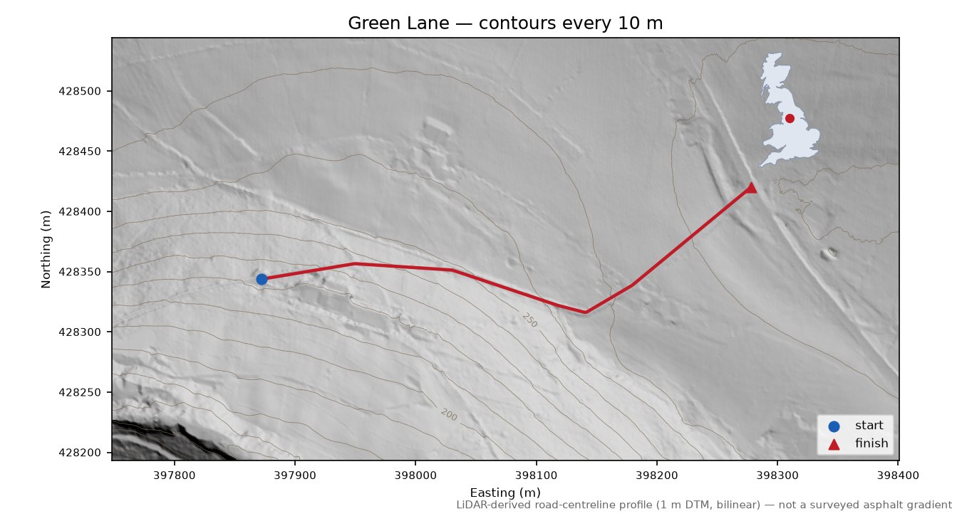 Green Lane LiDAR hillshade map with contours