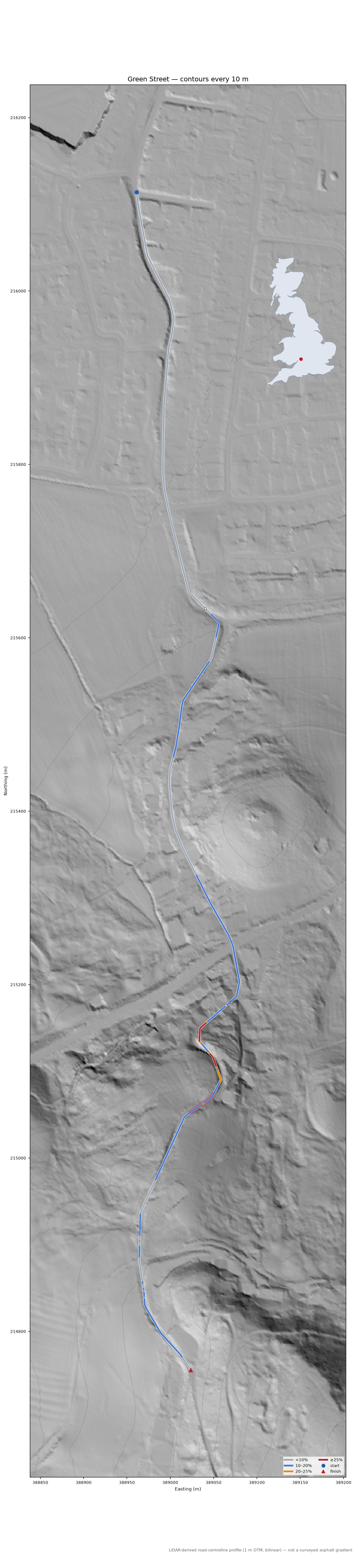 Green Street LiDAR hillshade map with contours