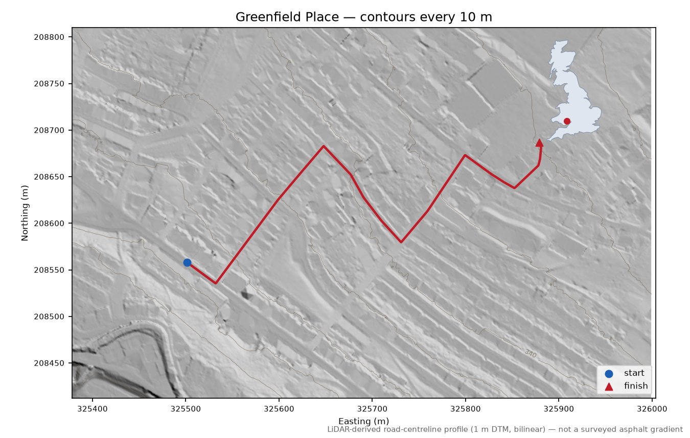 Greenfield Place LiDAR hillshade map with contours