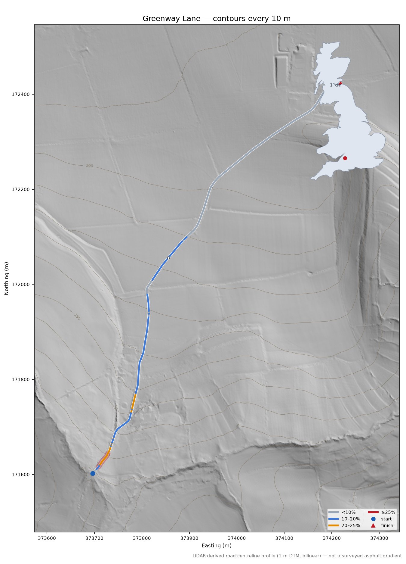 Greenway Lane LiDAR hillshade map with contours