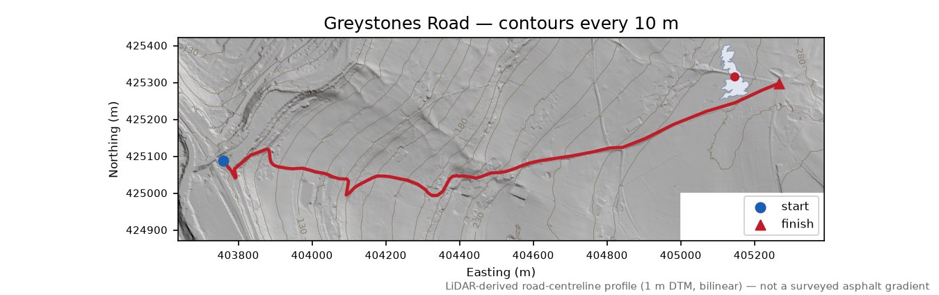 Greystones Road LiDAR hillshade map with contours