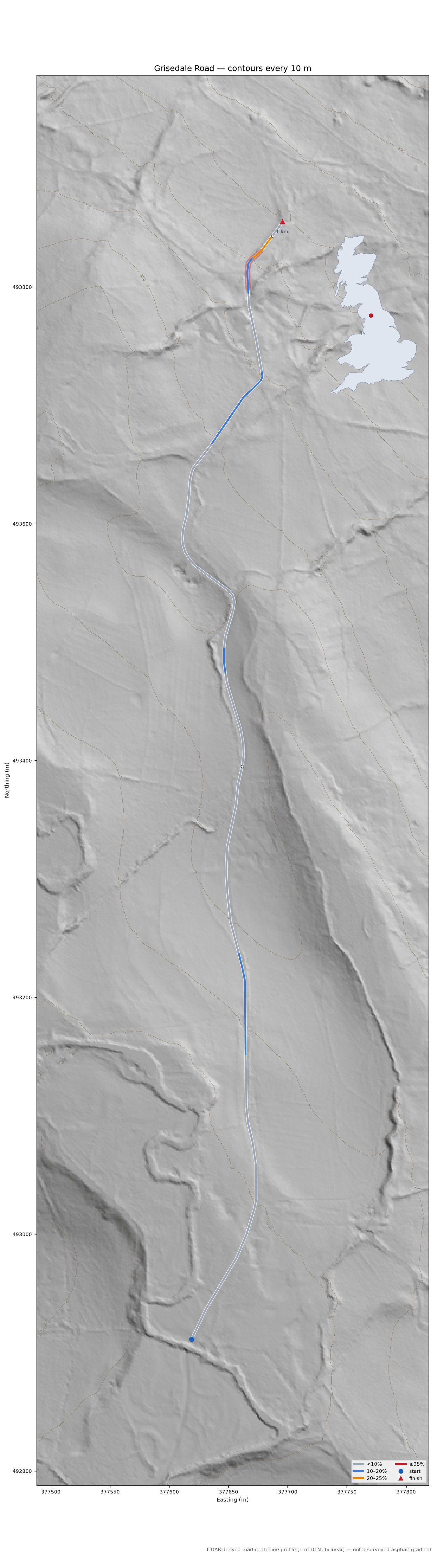 Grisedale Road LiDAR hillshade map with contours