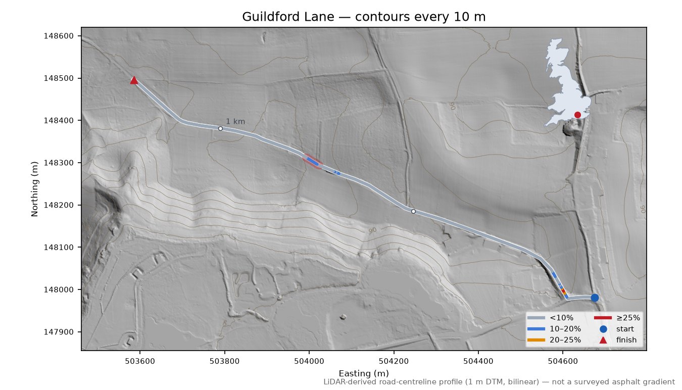 Guildford Lane LiDAR hillshade map with contours