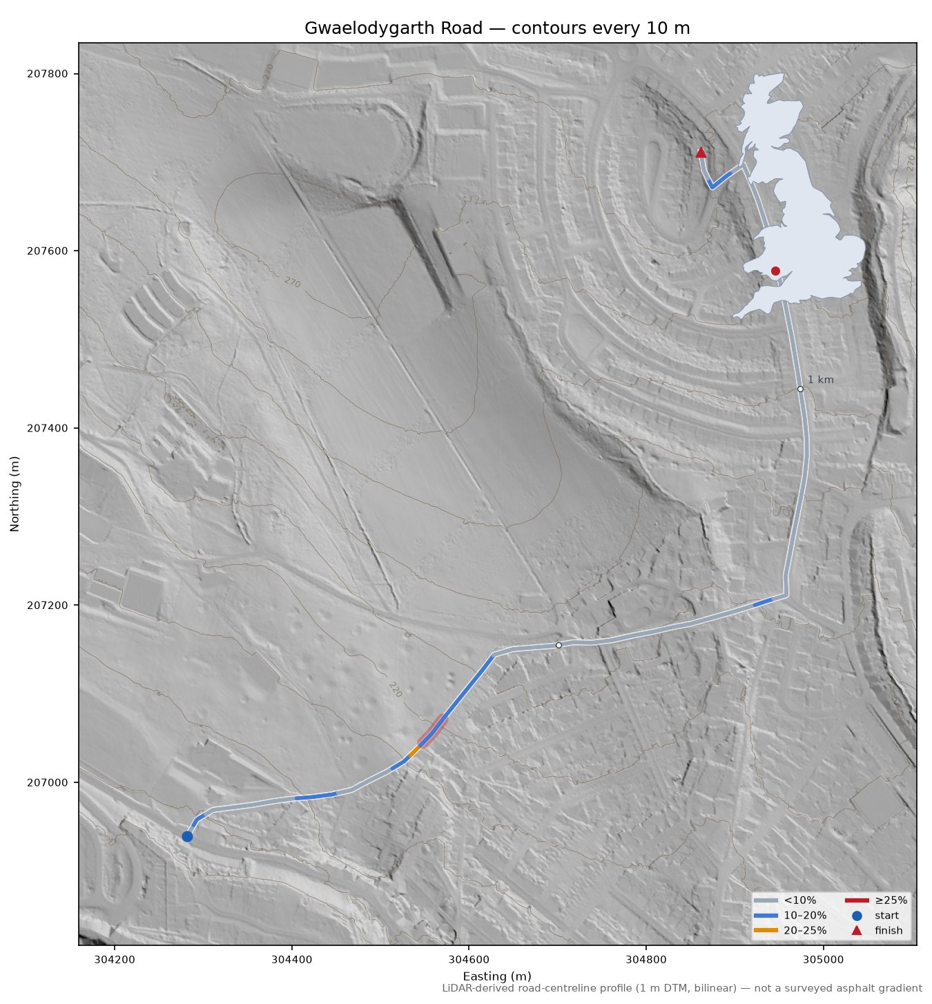 Gwaelodygarth Road LiDAR hillshade map with contours