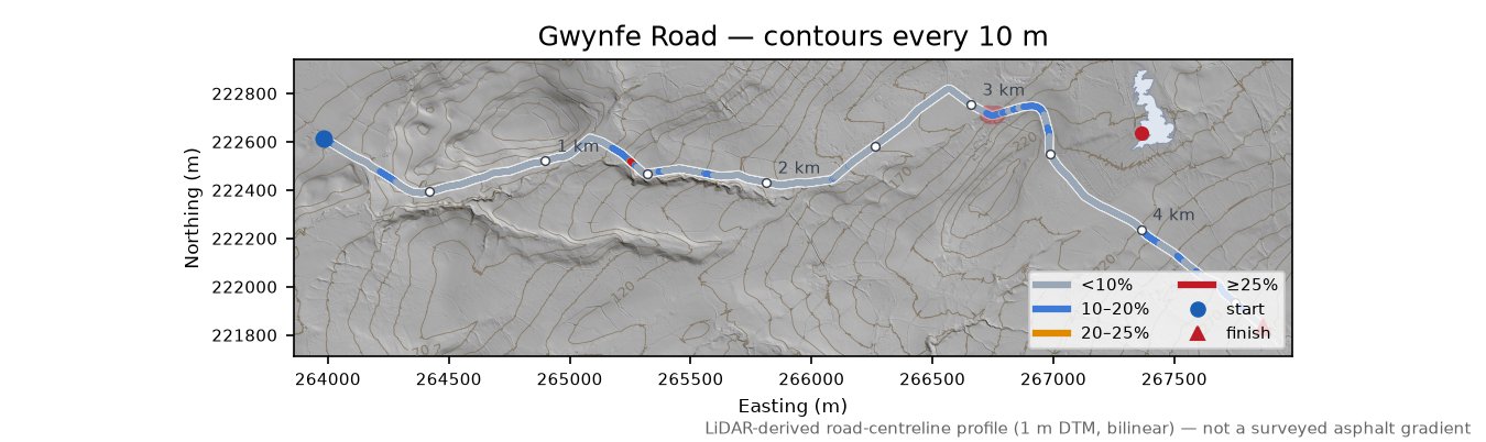 Gwynfe Road LiDAR hillshade map with contours