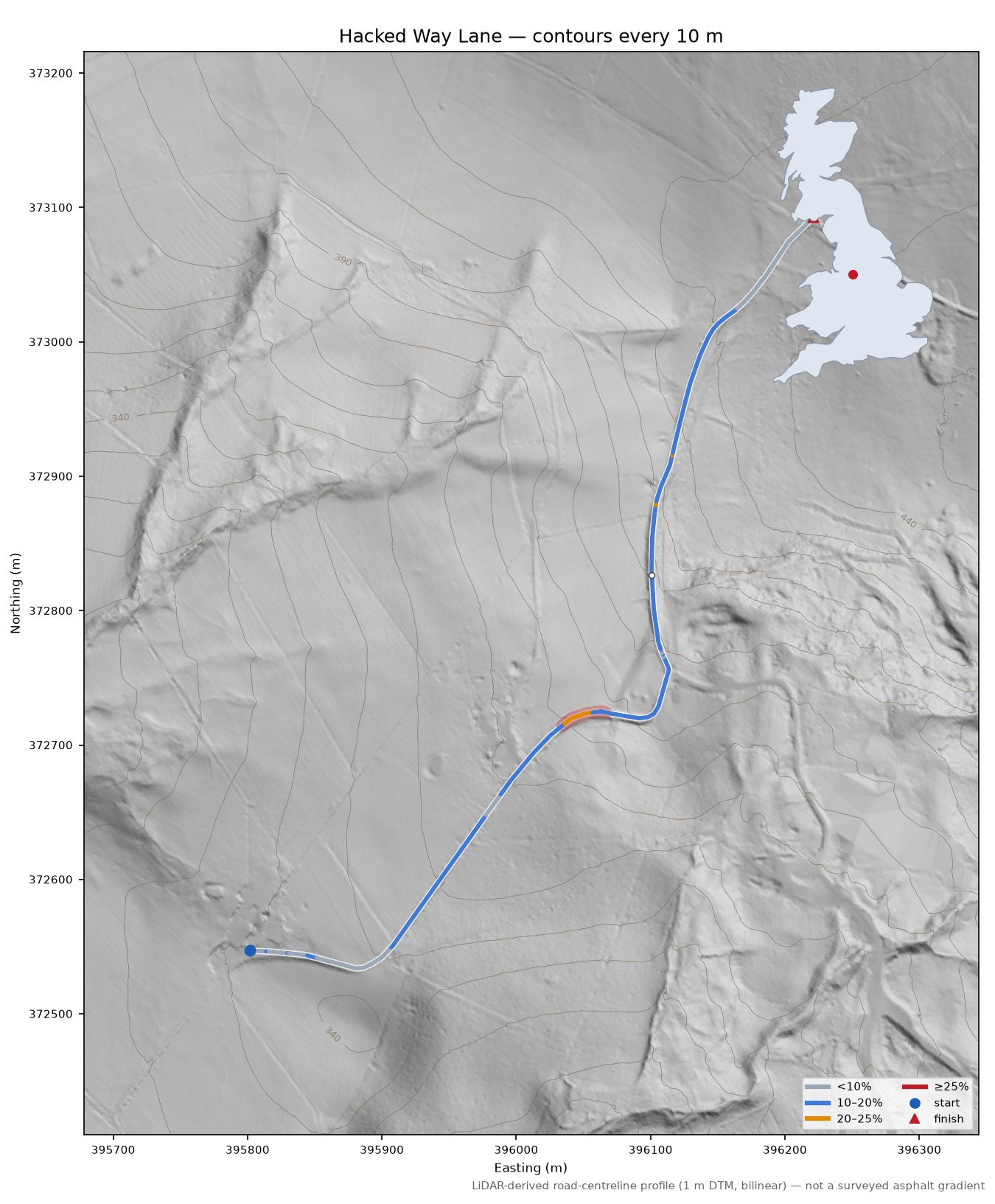 Hacked Way Lane LiDAR hillshade map with contours