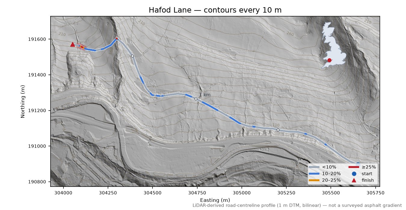 Hafod Lane LiDAR hillshade map with contours
