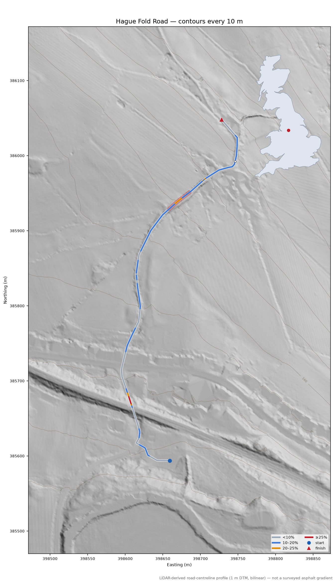 Hague Fold Road LiDAR hillshade map with contours