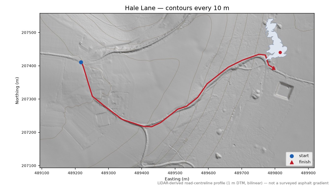 Hale Lane LiDAR hillshade map with contours