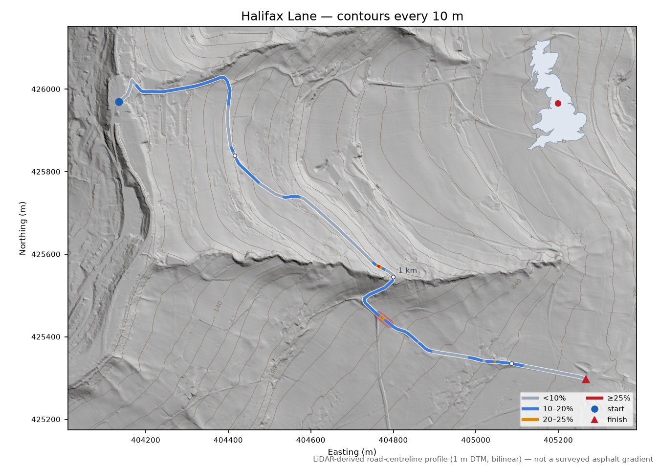 Halifax Lane LiDAR hillshade map with contours