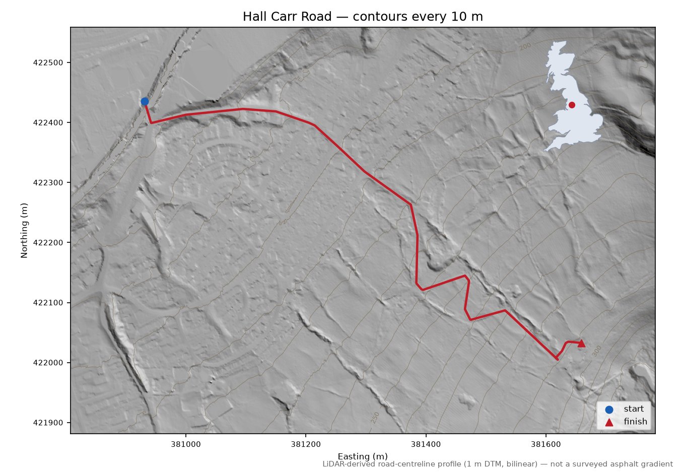 Hall Carr Road LiDAR hillshade map with contours