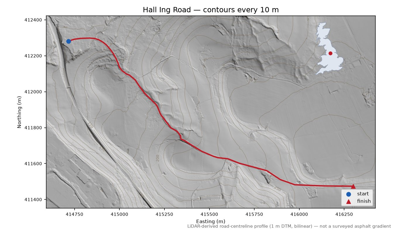 Hall Ing Road LiDAR hillshade map with contours