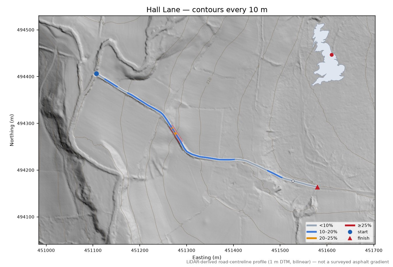 Hall Lane LiDAR hillshade map with contours