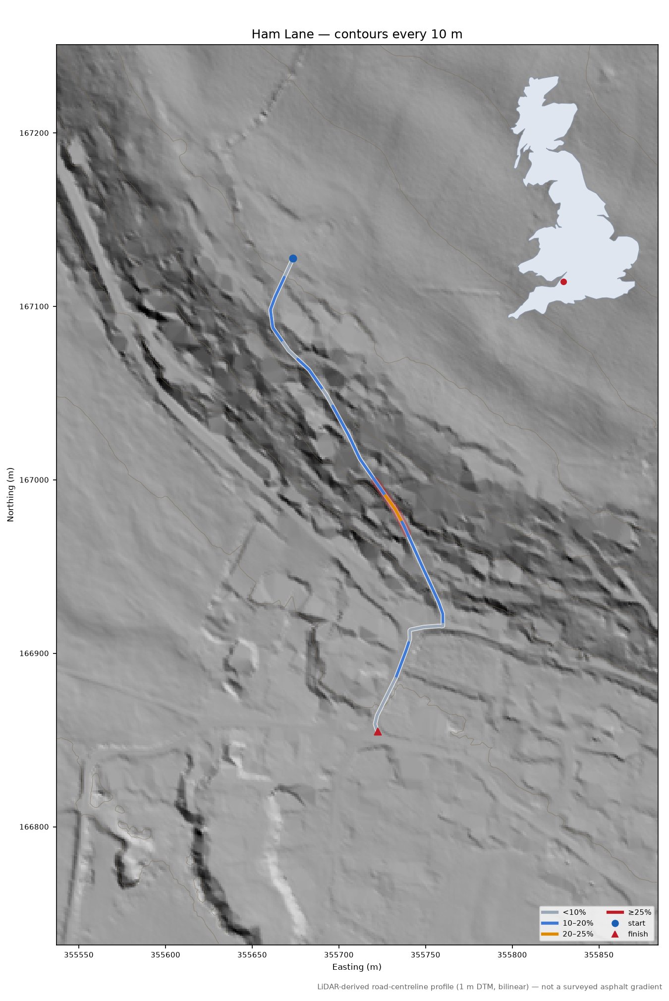 Ham Lane LiDAR hillshade map with contours