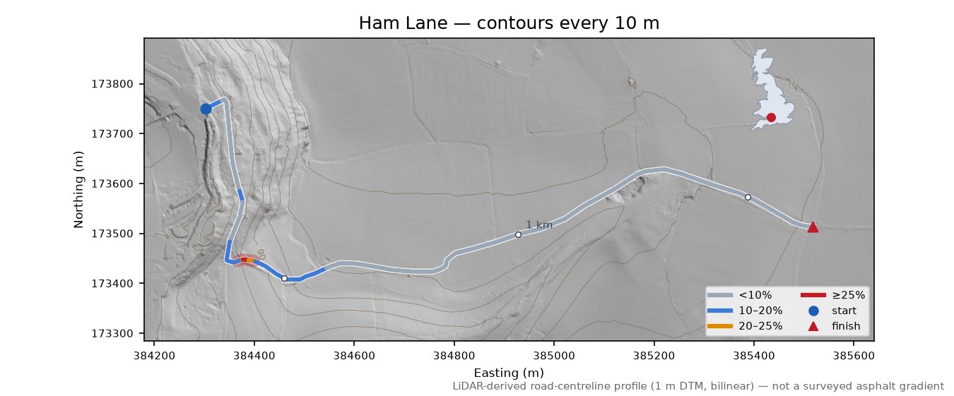 Ham Lane LiDAR hillshade map with contours