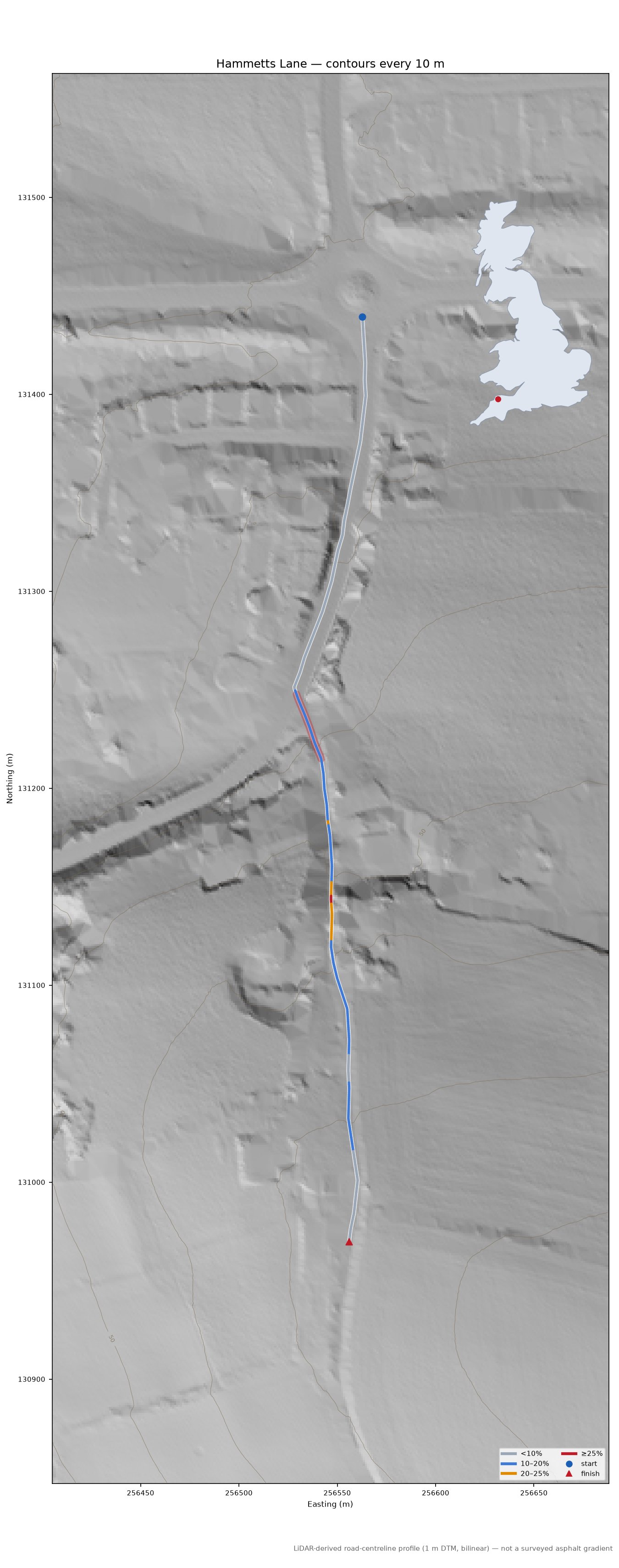Hammetts Lane LiDAR hillshade map with contours