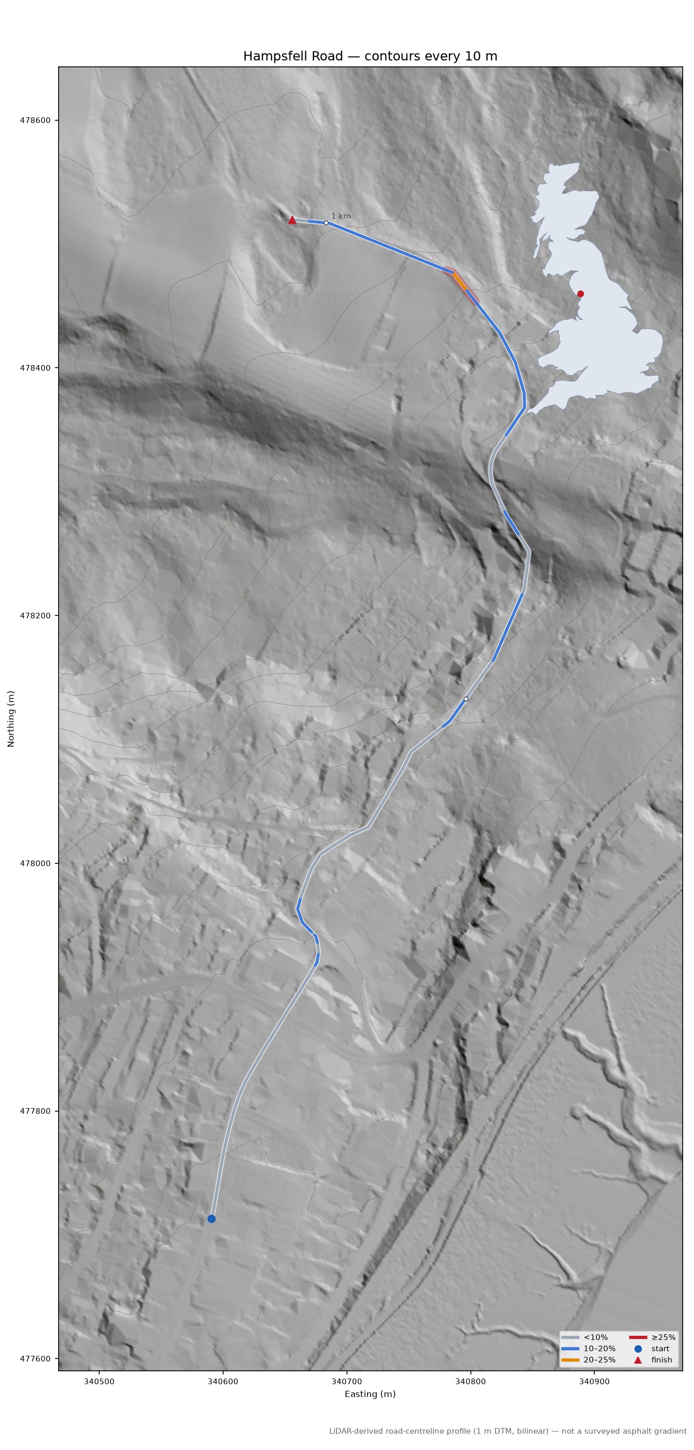 Hampsfell Road LiDAR hillshade map with contours