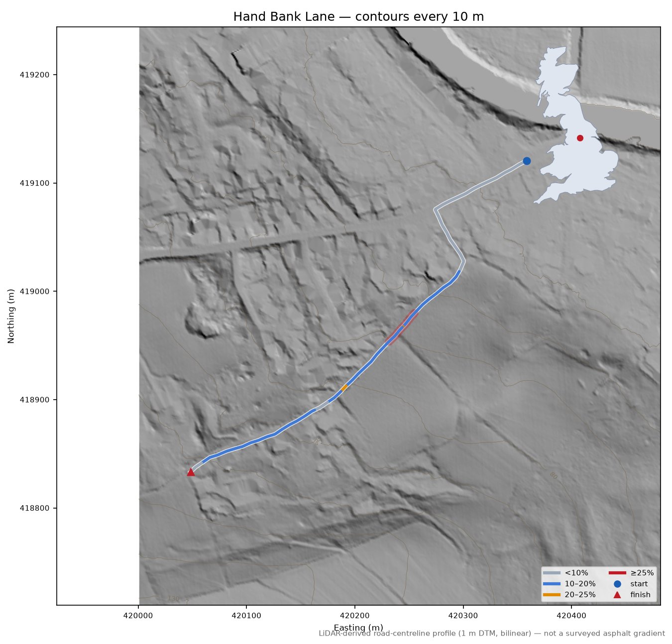 Hand Bank Lane LiDAR hillshade map with contours