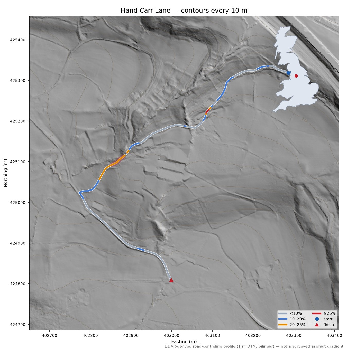 Hand Carr Lane LiDAR hillshade map with contours