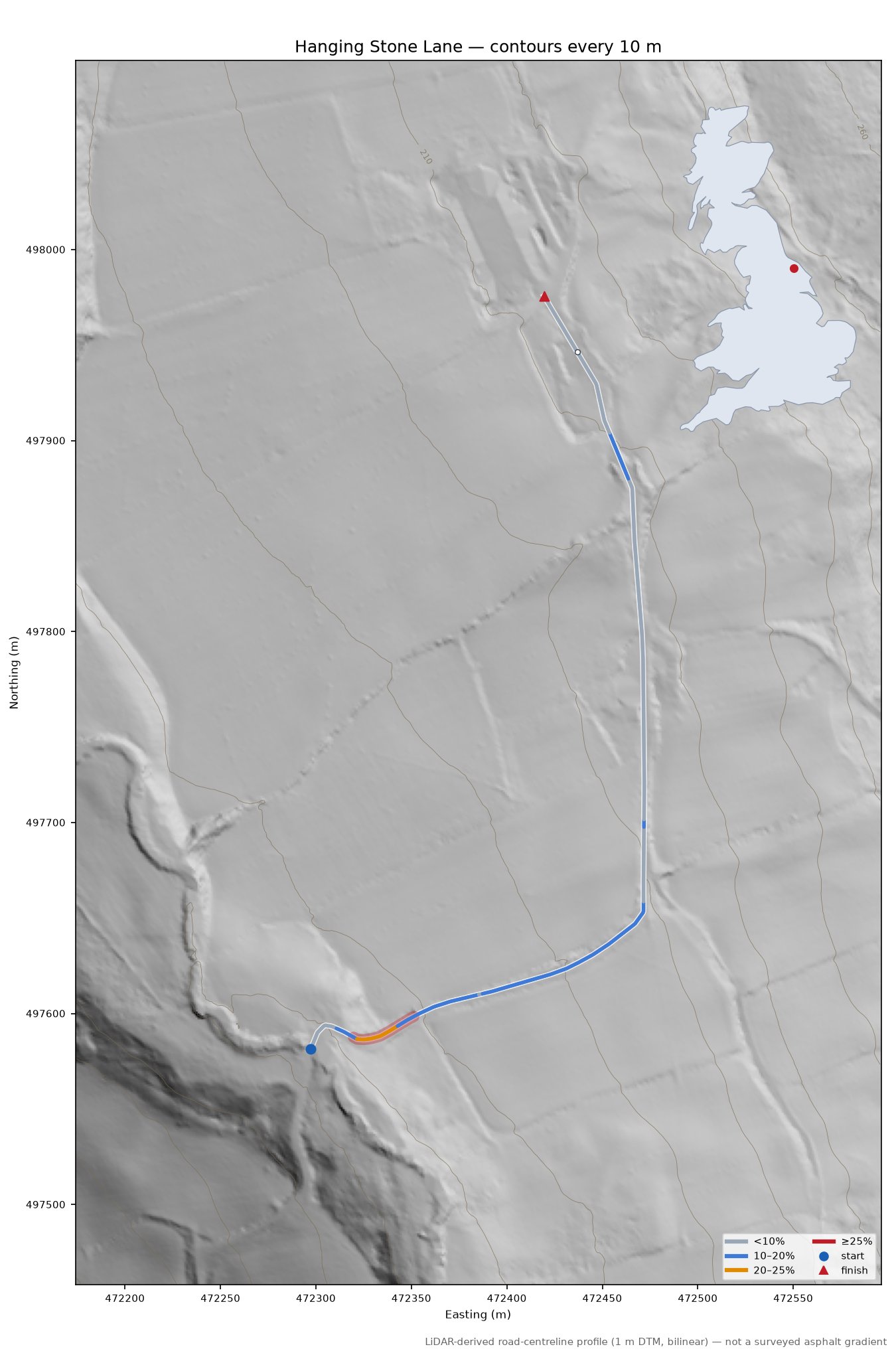 Hanging Stone Lane LiDAR hillshade map with contours