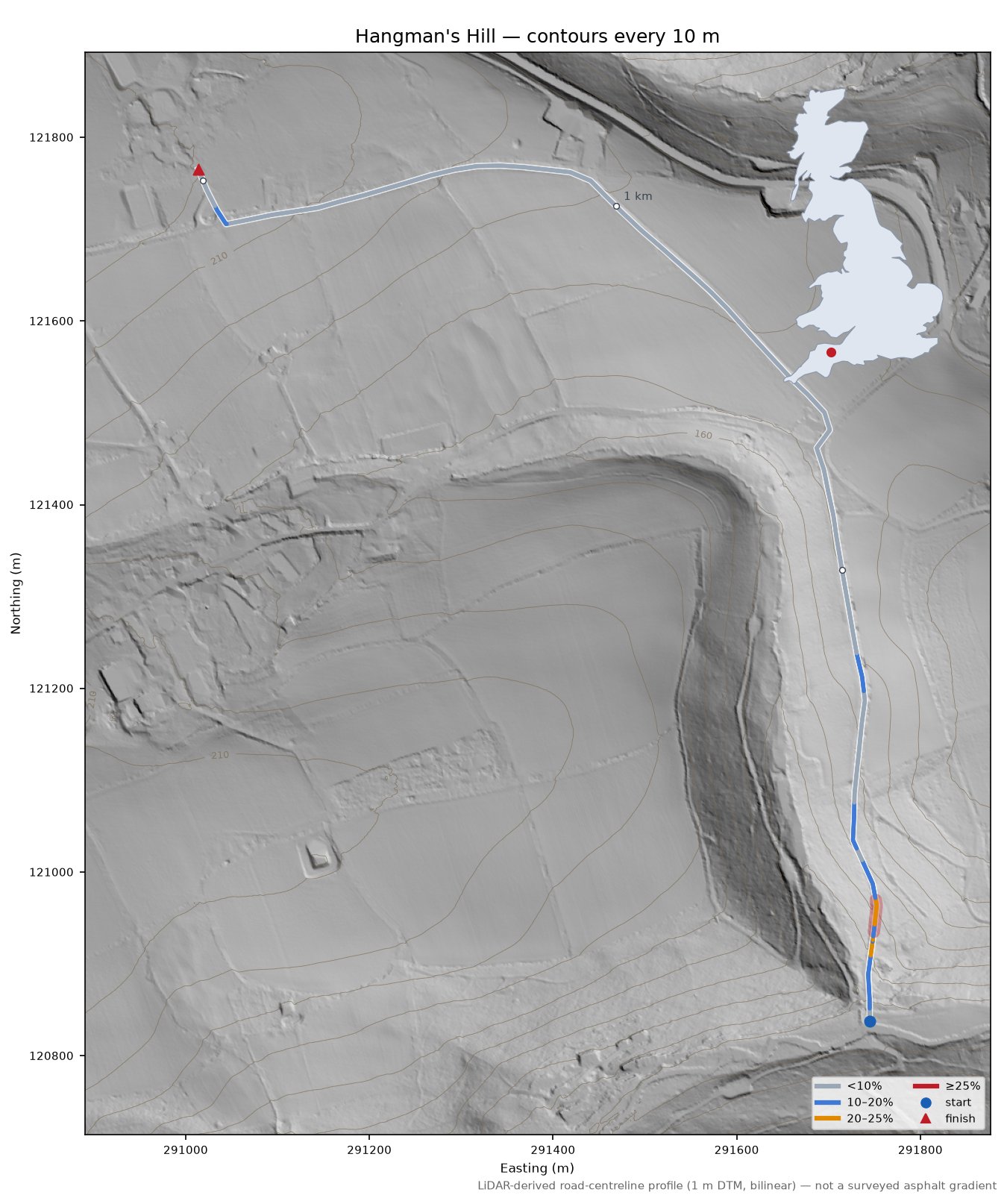 Hangman's Hill LiDAR hillshade map with contours