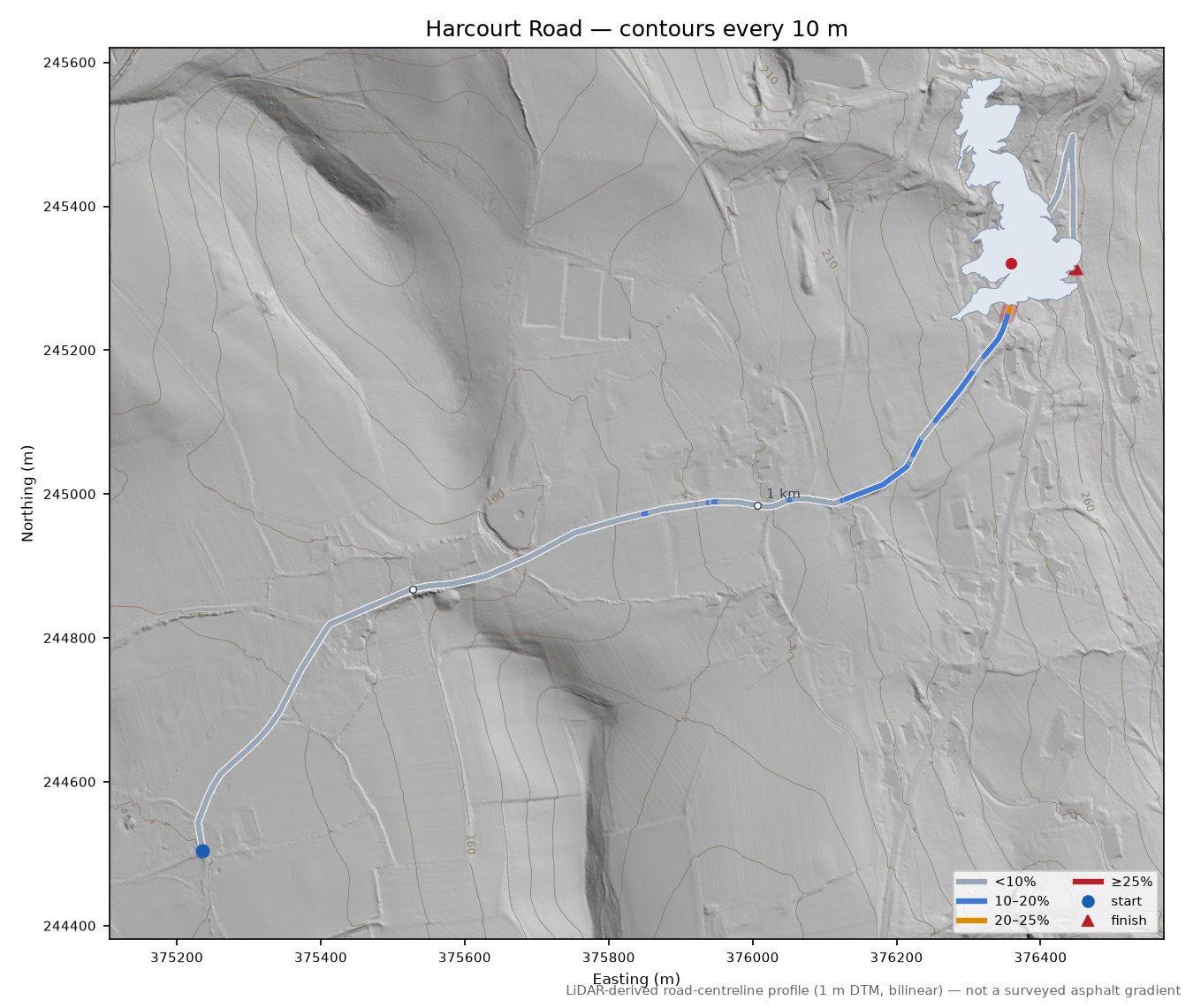 Harcourt Road LiDAR hillshade map with contours