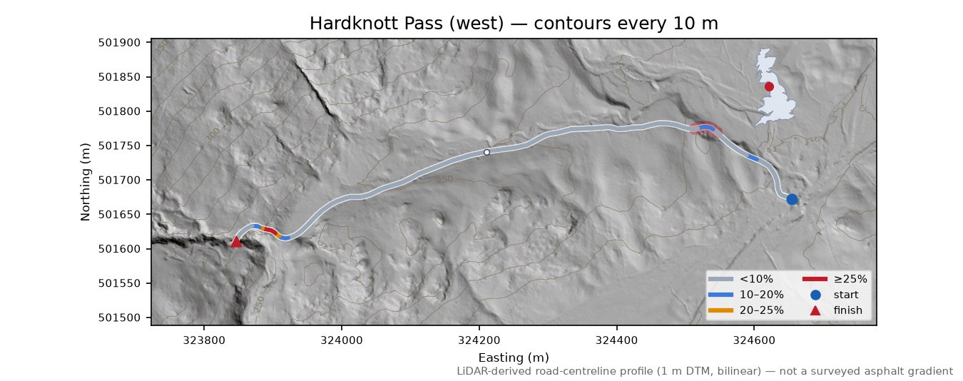 Hardknott Pass (west) LiDAR hillshade map with contours