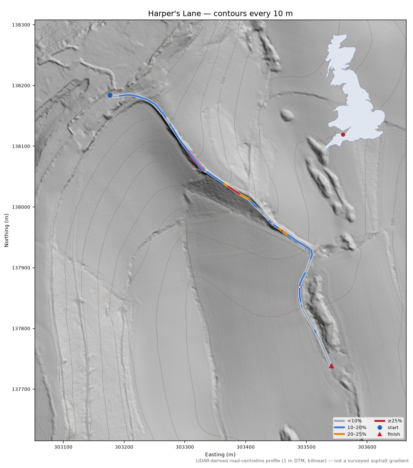 Harper's Lane LiDAR hillshade map with contours