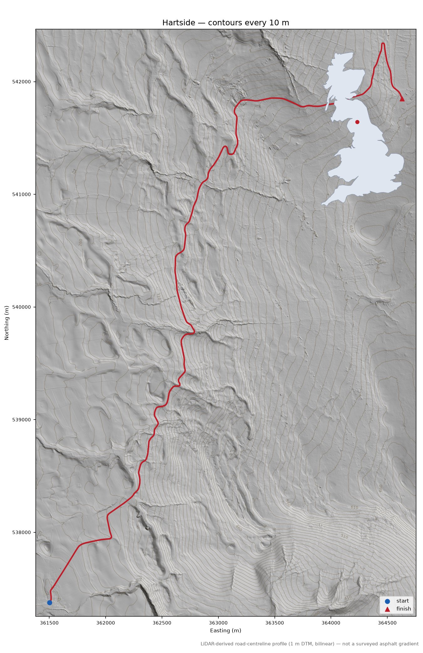 Hartside LiDAR hillshade map with contours